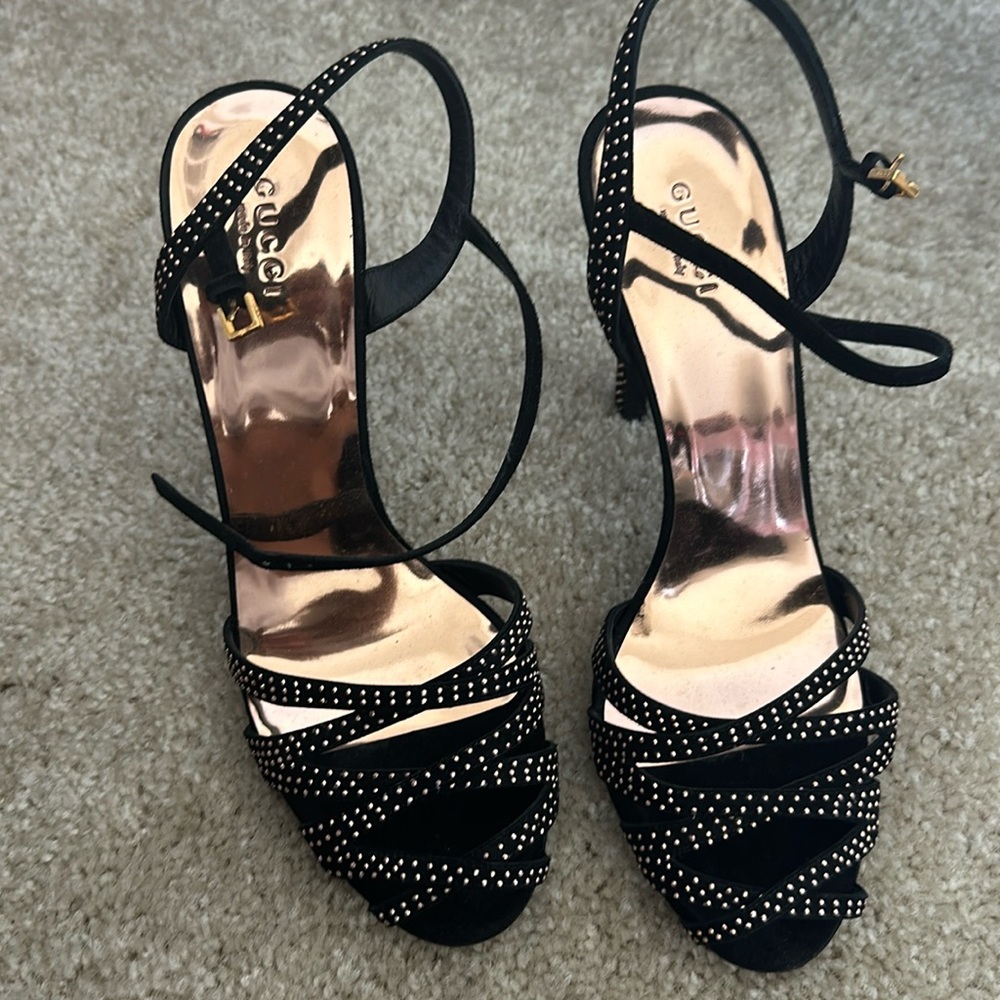 Gucci Heeled Sandal with gold studs. Size 38. Worn 3x.